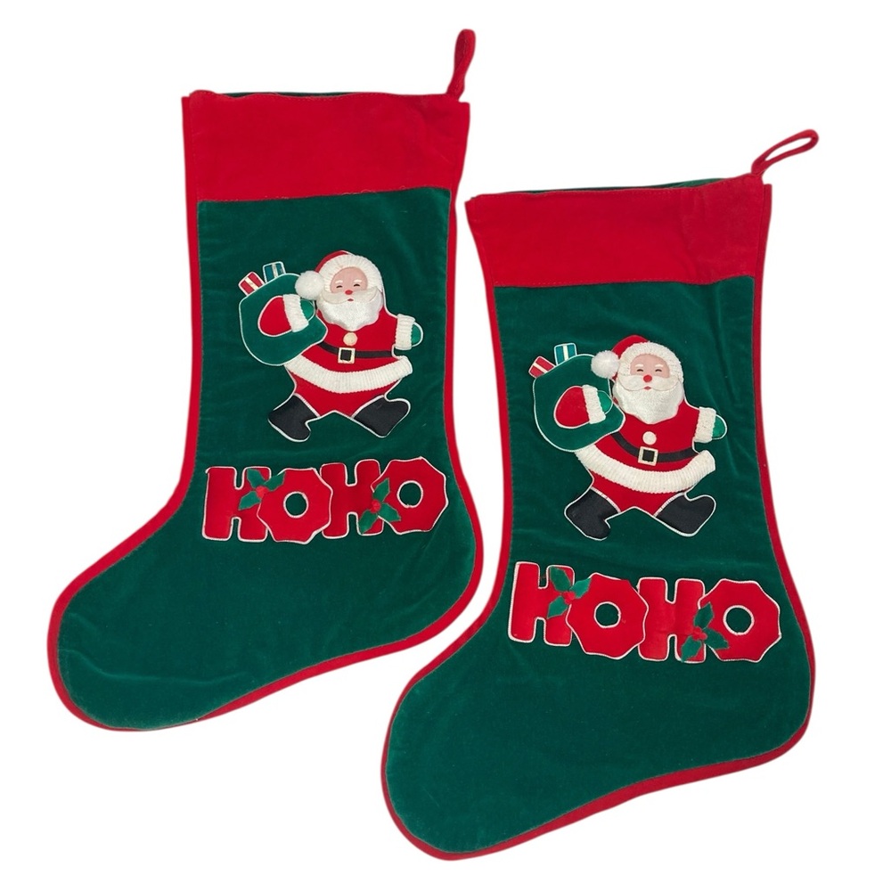 Set‎ - 2 VTG Christmas Corner 15” Stockings Velvet 3D Santa Ho Ho Applique